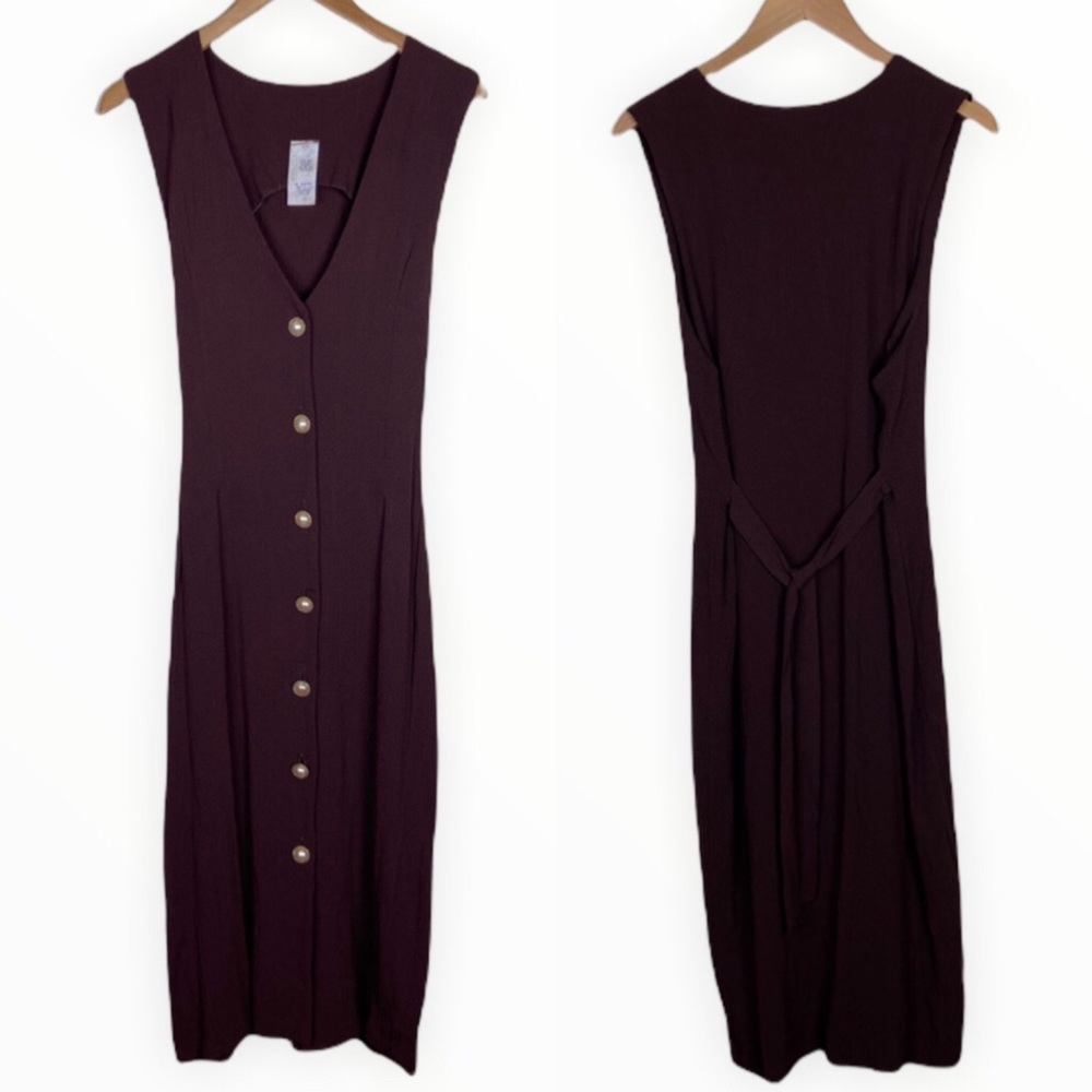 Vintage Brown Pearl Button Sleeveless Midi Dress
